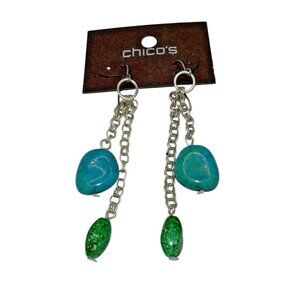 Chico's Silver & Turquoise Blue Green Dangle Bead 3" Earrings NEW